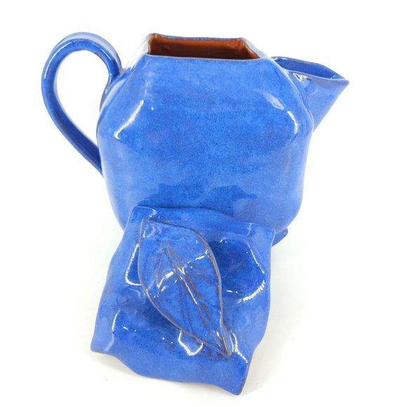 Hand Painted Pottery Teapot Tea Coffee Pot Carafe Lid Blue Stone Ware 9" - Picture 7 of 13